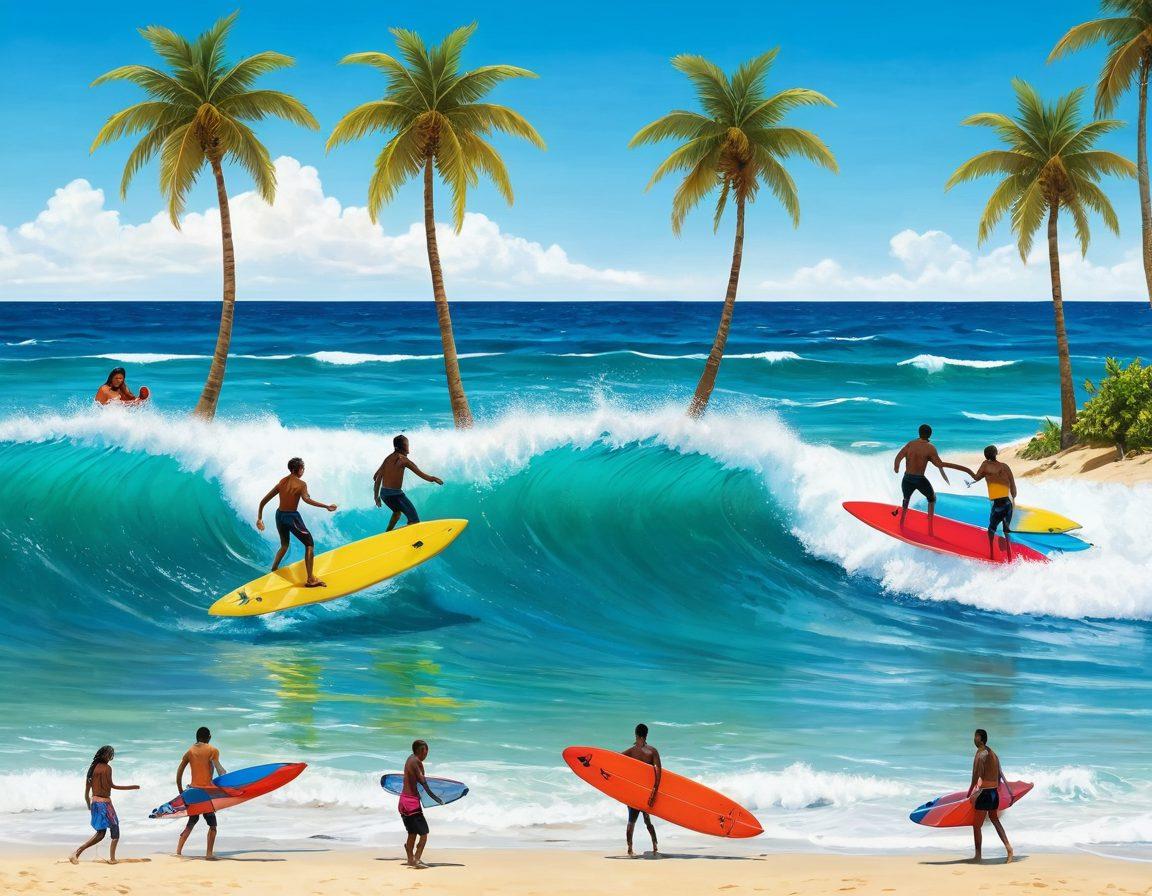 A vibrant beach scene depicting surfers riding colorful waves under a bright blue sky, radiating joy and energy. Include a diverse group of cheerful surfers gathering on the sandy shore, sharing laughter and high-fives, with surfboards decorated in bright designs. The backdrop features palm trees swaying in the breeze and fluffy clouds adding a touch of serenity. Capture the essence of a close-knit surfing community filled with positivity and excitement. super-realistic. vibrant colors. white background.
