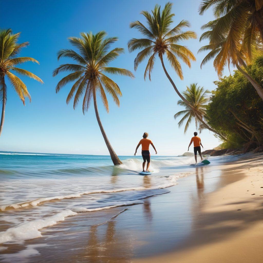 A vibrant scene of surfers riding waves under a bright blue sky, showcasing their joyful expressions and camaraderie. Include a diverse group of friends laughing and sharing a picnic on the beach, with colorful surfboards scattered around. The background features a stunning coastline with palm trees and golden sands, radiating a warm, inviting atmosphere. Bright, happy colors are essential to convey a sense of community and joy. super-realistic. vibrant colors.